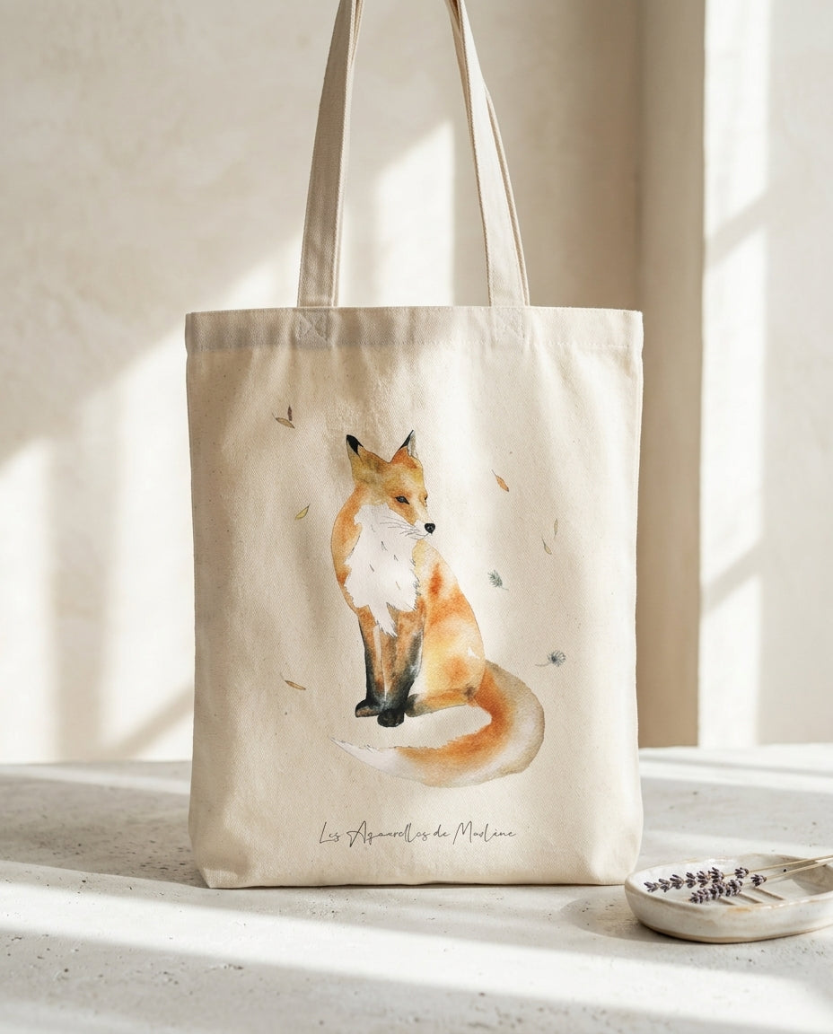 Tote bag renard en coton 100 % avec illustration originale peinte à l'aquarelle par Les Aquarelles de Marlène