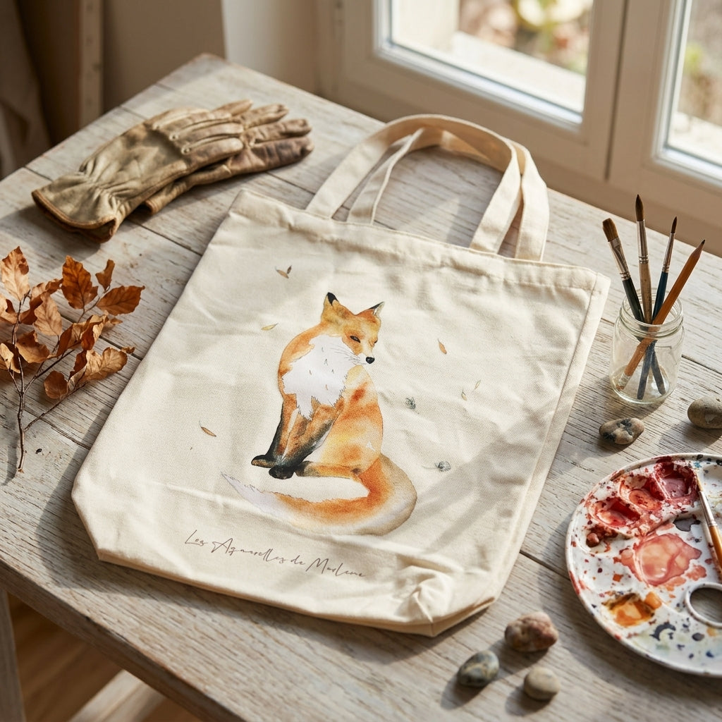 Tote bag animaux en coton avec renard aquarelle, cadeau original pour les amoureux de la nature